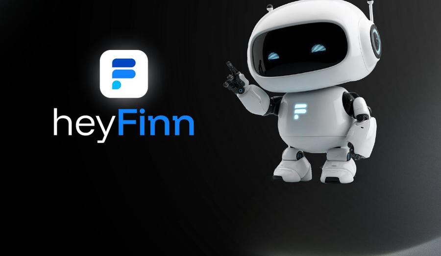 Das Logo von heyFinn mit dem Roboter Finn