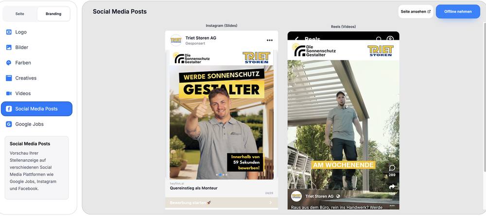 Vorschau der Anzeige als Instagram-Post und als Reel