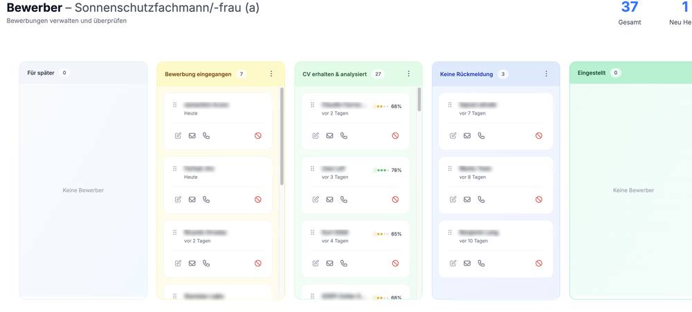 Das Bewerber-Board mit den Spalten Bewerbung eingegangen, CV analysiert und eingestellt