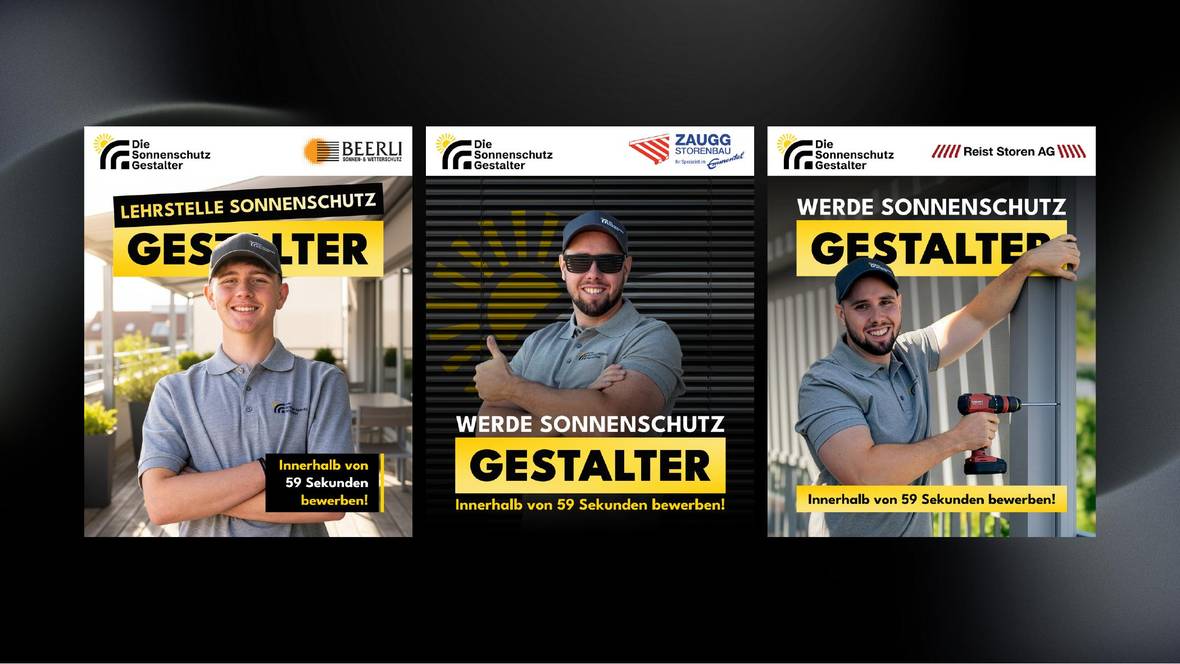 Drei fertige Anzeigen der Kampagne mit den Logos von Beerli, ZAUGG Storenbau und Reist Storen